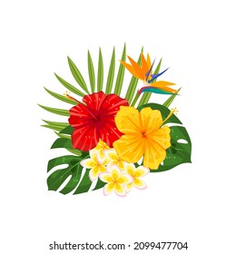 Tropical flowers bouquet. Vector illustration cartoon flat icon isolated on white background.
