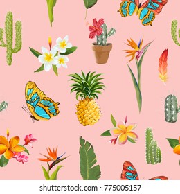 Tropical Flowers and Butterflies Background. Floral Seamless Pattern with Cactus and Pineapple. Vector illustration