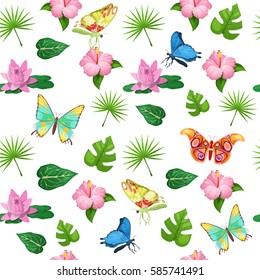 Tropical Flowers and Butterflies Seamless Pattern. Vector background