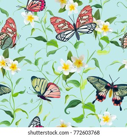 Tropical Flowers and Butterflies Seamless Pattern. Floral Jungle Background for Fabric and Textile. Vector illustration