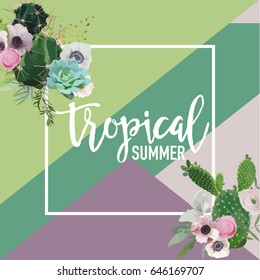 Tropical Flowers and Cactus Summer Banner, Graphic Background, Exotic Floral Invitation, Flyer or Card. Modern Front Page in Vector