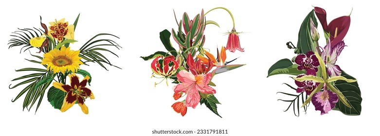 Tropical flowers. Card with floral illustration. Bouquet of exotic flowers with Leaf isolated on white background. Composition for invitation, party or holiday.