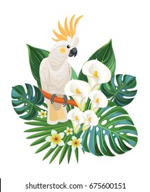 Tropical flowers and cockatoo. Vector illustration.