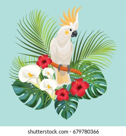 Tropical flowers and cockatoo. Vector illustration.