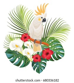 Tropical flowers and cockatoo. Vector illustration.