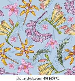 tropical flowers color pattern with blue background