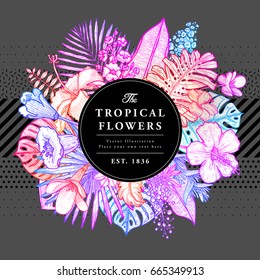 Tropical flowers cover template with palm leaves for floral decorations. Engraved vintage graphic style botanical illustration. Detailed vector elements for floral placards, posters or invitations.