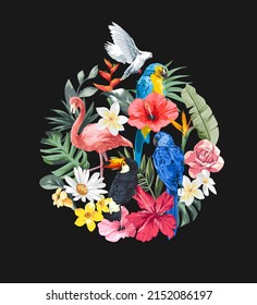 flores tropicales e ilustraciones gráficas de aves exóticas en forma de círculo sobre fondo negro