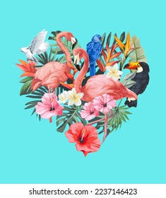 tropical flowers and exotic birds in heart shape vector illustration