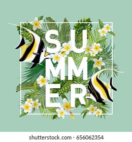 Tropical Flowers and Exotic Fish Background. Summer Design in Vector. T-shirt Fashion Graphic.