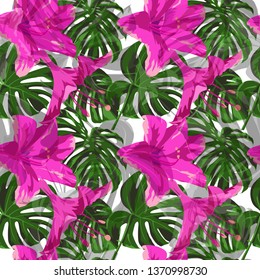 Tropical Flowers. Exotic Palm Greenery Backdrop. Summer Design for Swimwear. Repeating Illustration. Tropical Flowers and Leaves.