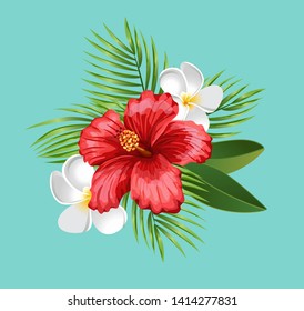 Tropical Flowers. Exotic Plumeria Frangipani, Hibiscus flower and Palm Leaves isolated on turquoise background. Summer vector illustration.
