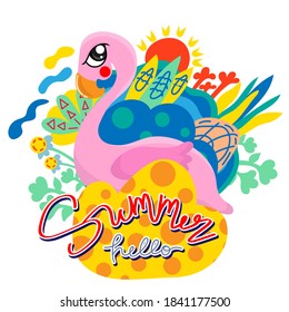 Tropical Flowers and Flamingo Hello Summer or phrases and decorative design elements hand drawn in trendy doodle style  animals, plants, symbols. Colorful vector illustration.