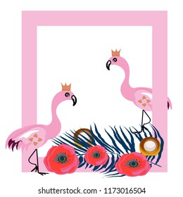 Tropical Flowers and Flamingo Summer Banner, Graphic Background, Exotic Floral Invitation, Flyer or Card. Modern Front Page in Vector