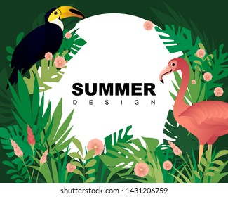 Tropical Flowers and Flamingo Summer Banner, Graphic Background, Exotic Floral Invitation, Flyer or Card. Modern Front Page in Vector