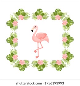 Tropical Flowers and Flamingo Summer Banner, Graphic Background, Exotic Floral Invitation, Flyer or Card. Vector illustration