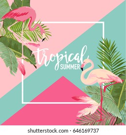 Летний баннер с тропическими цветами и фламинго, графический фон, экзотическое цветочное приглашение, флаер или открытка. Современная главная страница в векторе