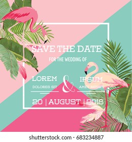 Tropical Flowers and Flamingo Summer Wedding Card, Exotic Floral Invitation in Vector