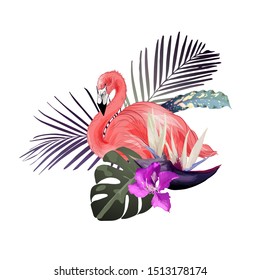 Tropical flowers and flamingo. Vector