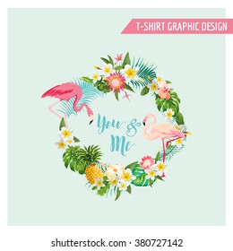 Tropical Flowers and Flamingo Wreath - for Wedding, Birthday, Baby Shower, Party, t-shirt graphic - in vector