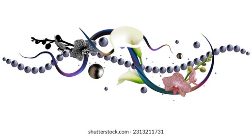 Tropical flowers. Floral background. Pearl. Black. Callas. Pink orchids. Vector. Abstract curves. 3D. Art illustration of flowers and pearls.