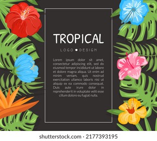 Tropical Flowers and Foliage Card Design with Fern and Hibiscus Vector Template