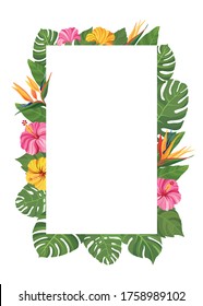 Tropical flowers frame. Hibiscus and strelitzia floral border with place for text. Vector illustration.