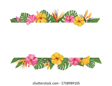 Tropical flowers frame. Hibiscus and strelitzia floral border with place for text. Vector illustration.