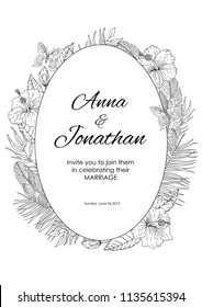 Tropical flowers frame. Weddind invitation. Black lines on white background. Vector illustration.