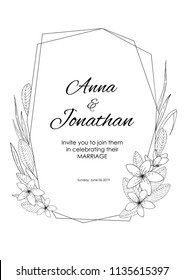Tropical flowers frame. Weddind invitation. Black lines on white background. Vector illustration.