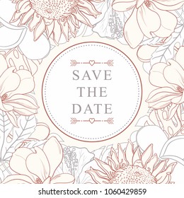 Tropical flowers frame for wedding invitation isolated on white background - exotic blooms of plumeria, magnolia, protea and hibiscus with color line contour in sketch style. Vector illustration.