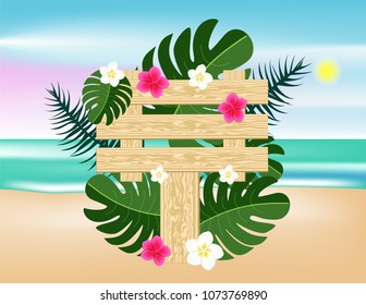 Tropical flowers frame wooden