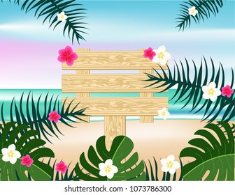 Tropical flowers frame wooden