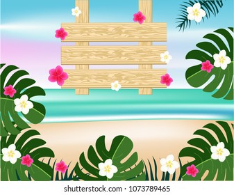 Tropical flowers frame wooden