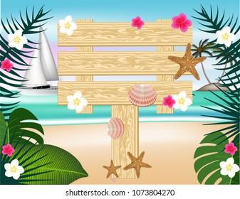 Tropical flowers frame wooden
