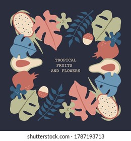 Tropical flowers and fruits frame in pastel colors, modern trendy placards in flat style. Hand drawn jungle plants and monstera leaves. Vector illustration, Isolated on pink background.