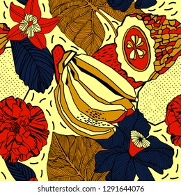 Tropical flowers and fruits, summer pattern design.