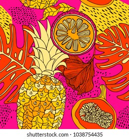 Tropical flowers and fruits. Vector illustrations.