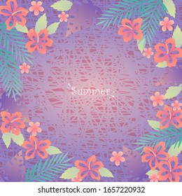 Tropical flowers garden on purple background for decoration on summer holiday festival.