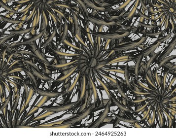 Tropical flowers in golden-gray tonality for textiles or fabrics. Chaotic exotic motifs for fashion trends, business concepts, cover, scrapbooking, interior solutions, tiles, prints, posters, etc. 