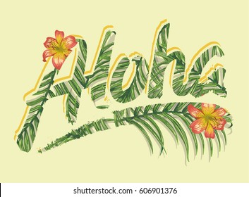 Tropical Flowers graphic. Typographical T-shirt Fashion print