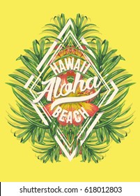 Tropical Flowers graphic. Typographical T-shirt Fashion print