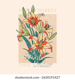 Tropical flowers graphics. summer hand drawn flowers. Vintage Doted flowers print, printed t-shirt design for men and women's, flower graphic in vector, Bloom Under slogan text print design