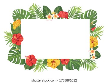 Tropical flowers and green leaves frame template. Hibiscus floral border with place for text. Vector illustration.