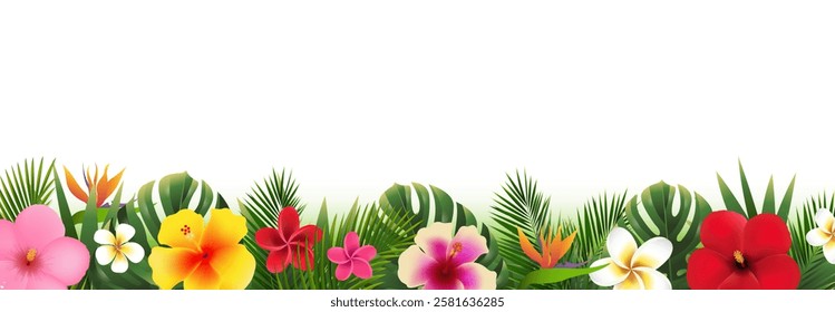 Tropical Flowers With Green Leaves With Gradient Mesh, Vector Illustration