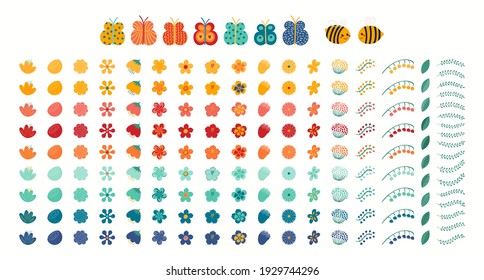 Tropical flowers, greenery, butterflies, bees clipart collection isolated on white. Hand drawn vector illustration. Exotic floral elements, icons set. Summer bouquet creator. Flat style design concept