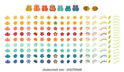 Tropical flowers, greenery, butterflies, bees clipart collection isolated on white. Hand drawn vector illustration. Exotic floral elements, icons set. Summer bouquet creator. Flat style design concept