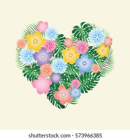 Tropical Flowers Heart - vector background eps 10
