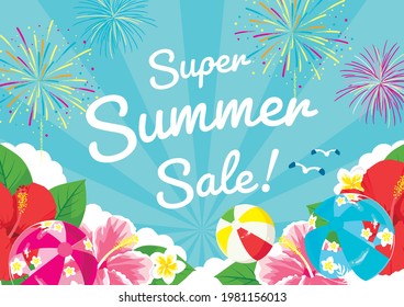 Tropical flowers hibiscus and fireworks  frame vector illustration