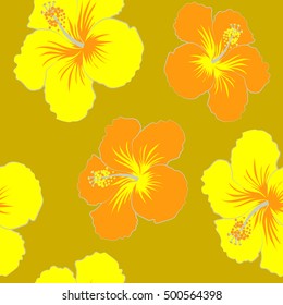 Tropical flowers, hibiscus leaves, hibiscus buds, vector floral pattern on yellow background. Vintage style.